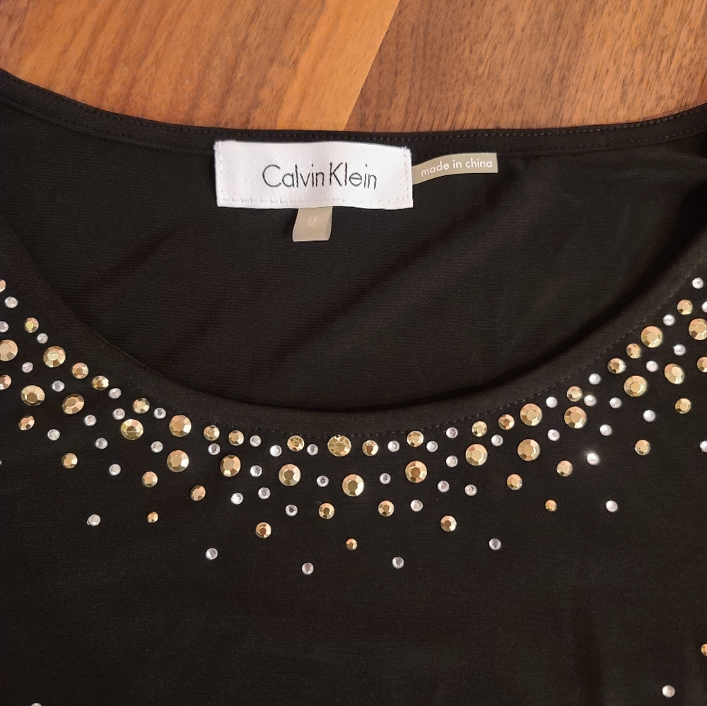 Calvin Klein long sleeve black blouse with rhinestone detail